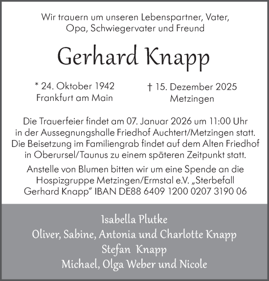 Traueranzeige von Gerhard Knapp von Alb-Bote/Metzinger-Uracher Volksblatt