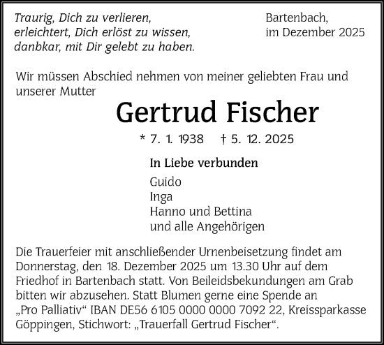 Traueranzeige von Gertrud Fischer von NWZ Neue Württembergische Zeitung