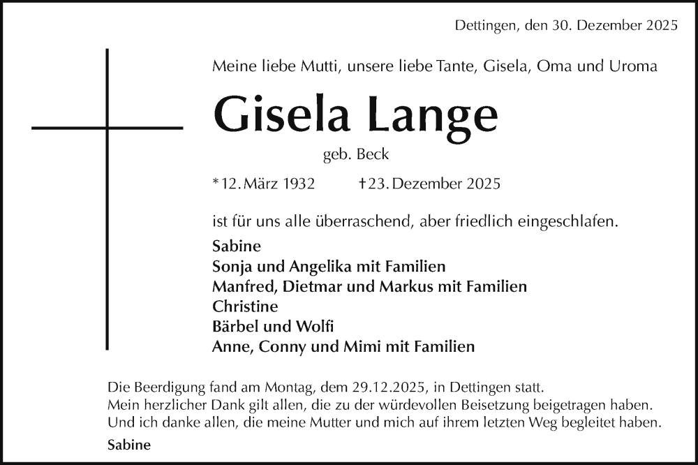  Traueranzeige für Gisela Lange vom 30.12.2025 aus Alb-Bote/Metzinger-Uracher Volksblatt
