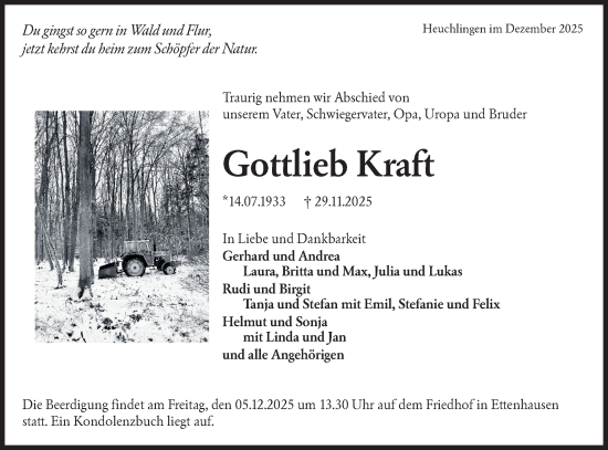 Traueranzeige von Gottlieb Kraft von Hohenloher Tagblatt