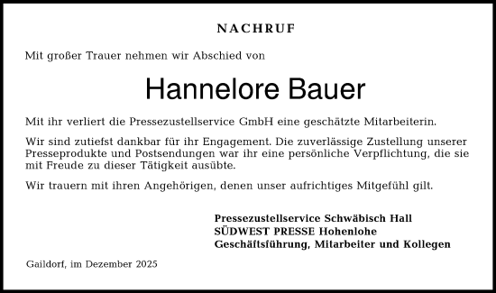 Traueranzeige von Hannelore Bauer von Rundschau Gaildorf