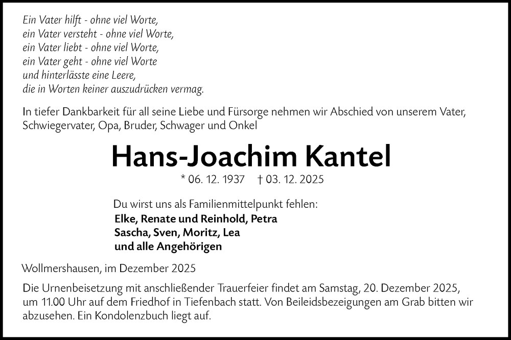  Traueranzeige für Hans-Joachim Kantel vom 13.12.2025 aus Hohenloher Tagblatt