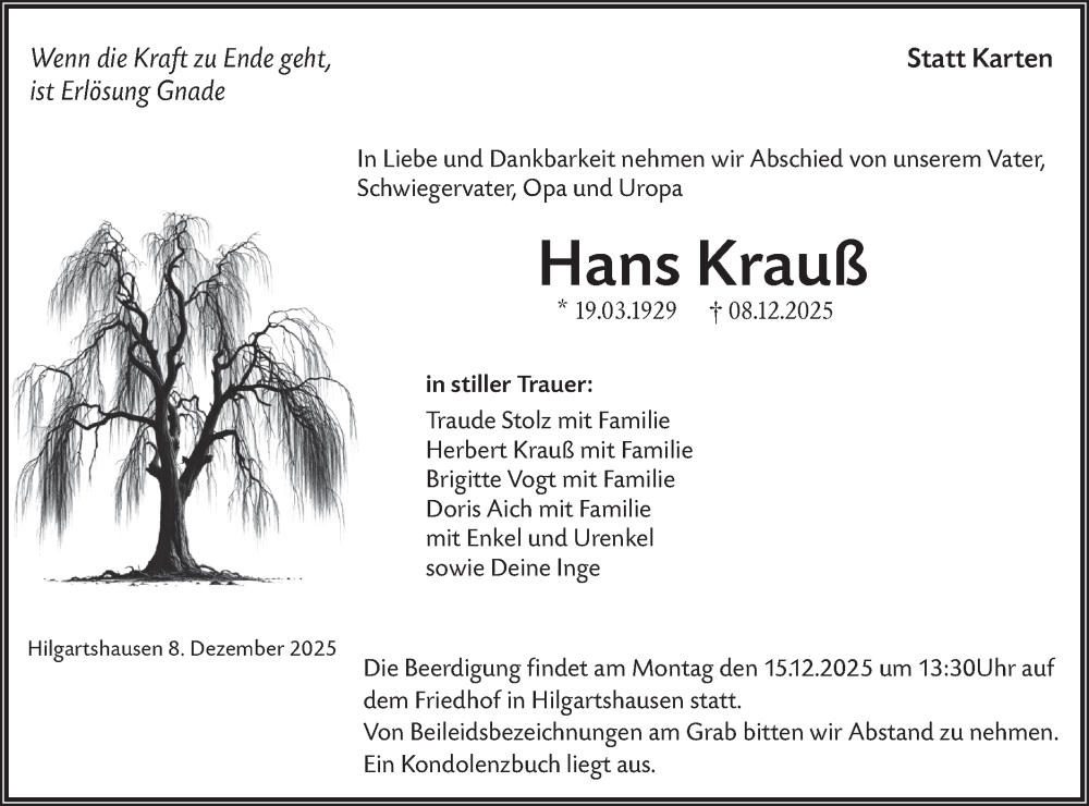  Traueranzeige für Hans Krauß vom 12.12.2025 aus Hohenloher Tagblatt