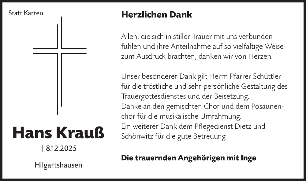  Traueranzeige für Hans Krauß vom 29.12.2025 aus Hohenloher Tagblatt