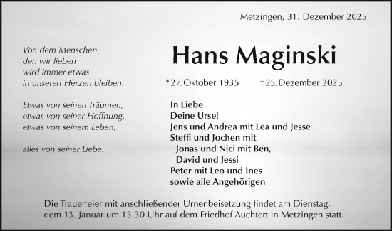 Traueranzeige von Hans Maginski von Alb-Bote/Metzinger-Uracher Volksblatt
