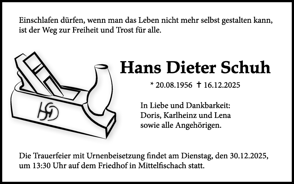 Traueranzeige für Hans Dieter Schuh vom 27.12.2025 aus Haller Tagblatt