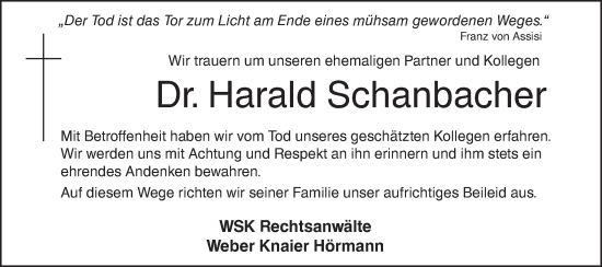 Traueranzeige von Harald Schanbacher von SÜDWEST PRESSE Ausgabe Ulm/Neu-Ulm