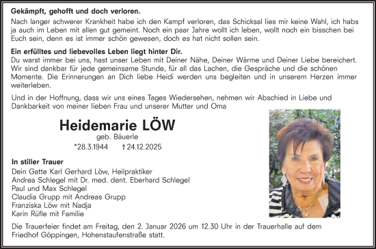 Traueranzeige von Heidemarie Löw von NWZ Neue Württembergische Zeitung
