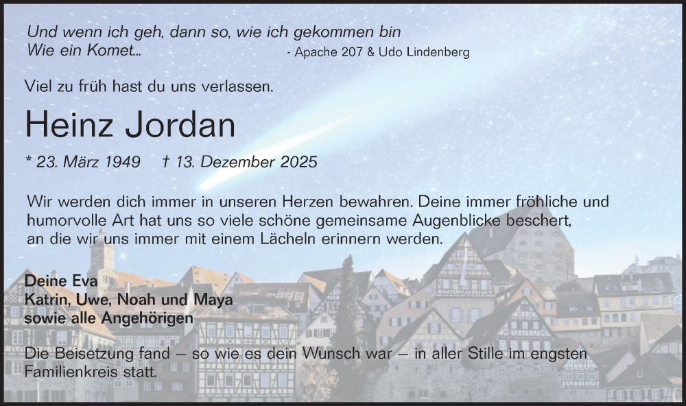 Traueranzeige für Heinz Jordan vom 27.12.2025 aus Haller Tagblatt