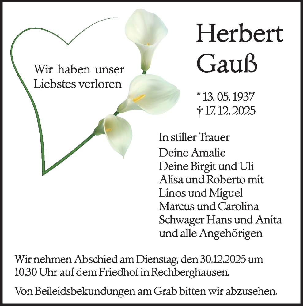  Traueranzeige für Herbert Gauß vom 22.12.2025 aus NWZ Neue Württembergische Zeitung