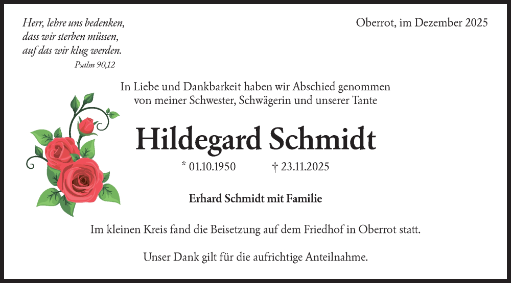  Traueranzeige für Hildegard Schmidt vom 06.12.2025 aus Rundschau Gaildorf