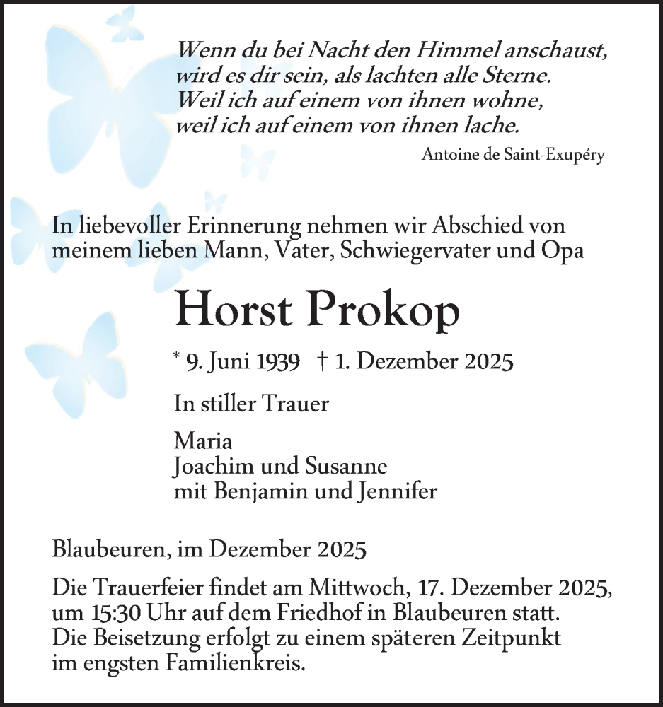  Traueranzeige für Horst Prokop vom 12.12.2025 aus Das Blaumännle