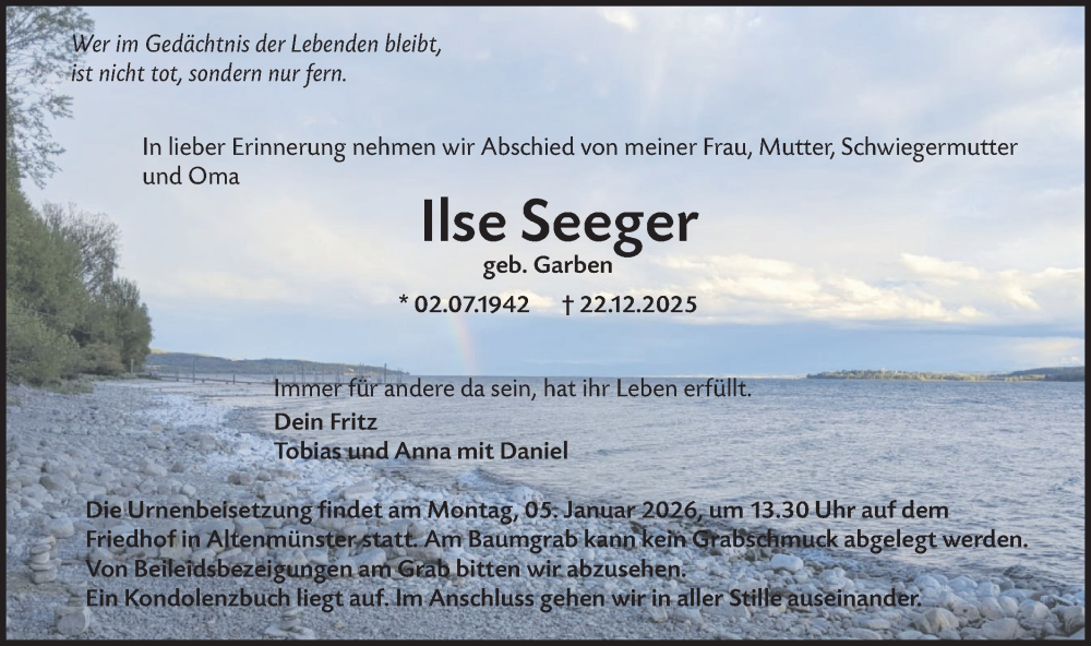 Traueranzeige für Ilse Seeger vom 31.12.2025 aus Hohenloher Tagblatt