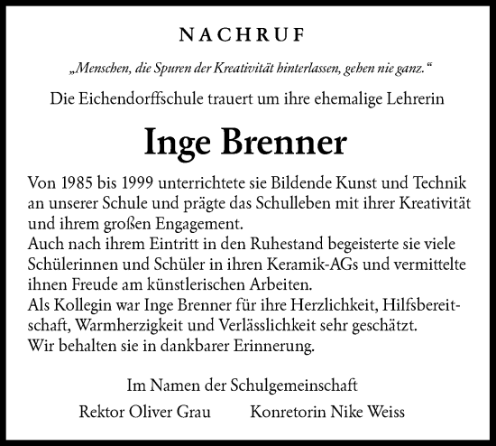 Traueranzeige von Inge Brenner von Hohenloher Tagblatt