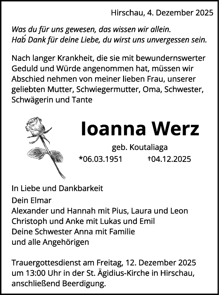  Traueranzeige für Ioanna Werz vom 10.12.2025 aus Schwäbische Tagblatt