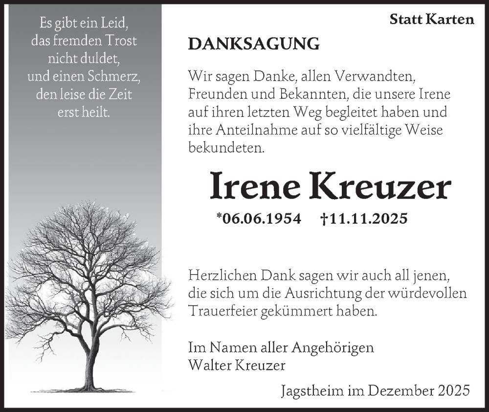 Traueranzeige für Irene Kreuzer vom 31.12.2025 aus Hohenloher Tagblatt