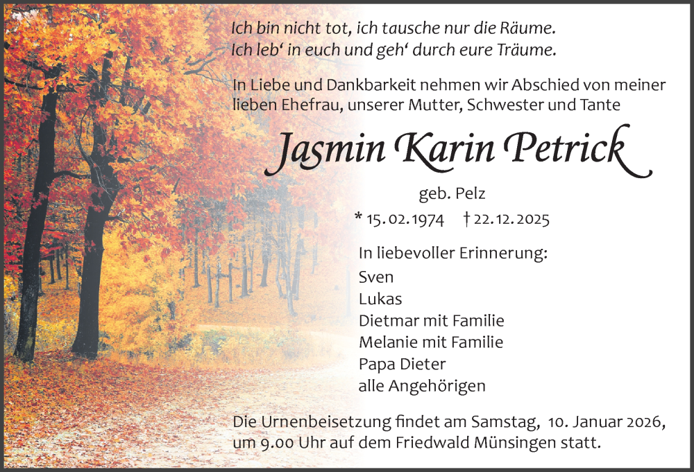  Traueranzeige für Jasmin Karin Petrick vom 24.12.2025 aus Alb-Bote/Metzinger-Uracher Volksblatt