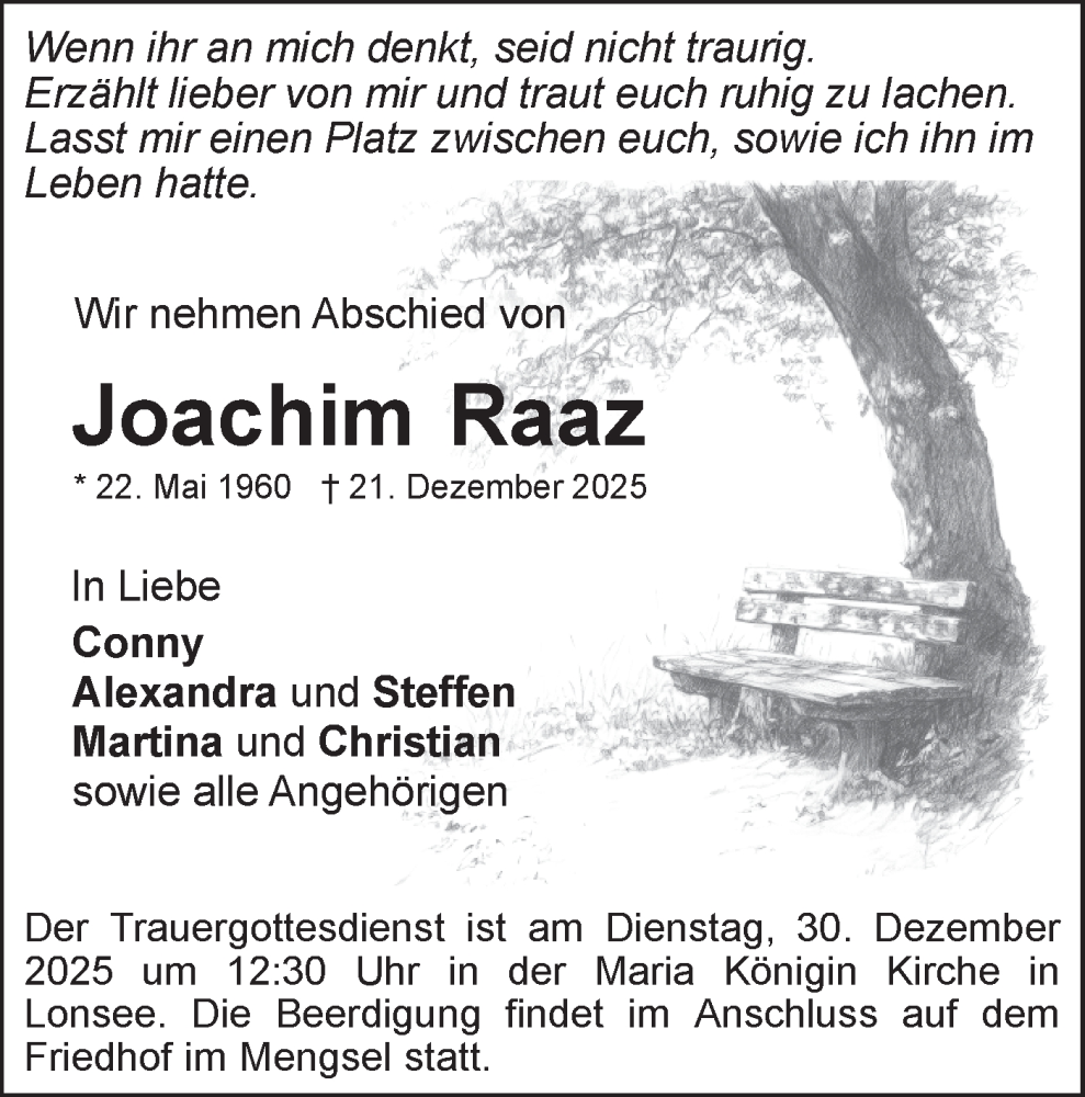  Traueranzeige für Joachim Raaz vom 27.12.2025 aus SÜDWEST PRESSE Ausgabe Ulm/Neu-Ulm