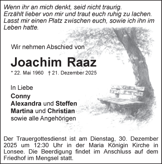 Traueranzeige von Joachim Raaz von SÜDWEST PRESSE Ausgabe Ulm/Neu-Ulm