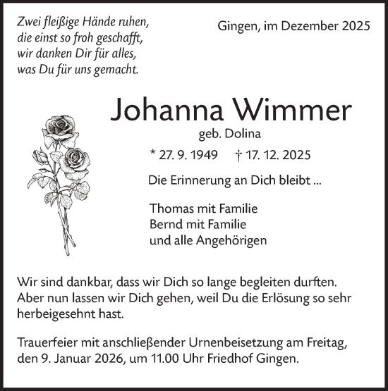 Traueranzeige von Johanna Wimmer von NWZ Neue Württembergische Zeitung/Geislinger Zeitung