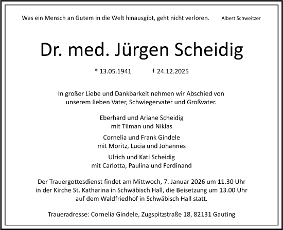 Traueranzeige von Jürgen Scheidig von Haller Tagblatt