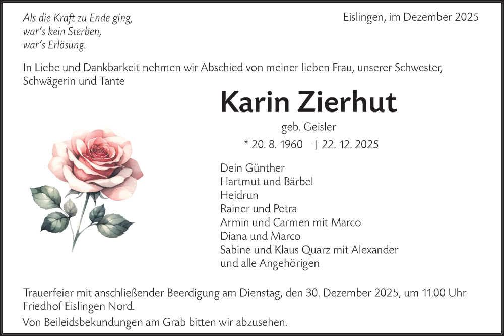  Traueranzeige für Karin Zierhut vom 27.12.2025 aus NWZ Neue Württembergische Zeitung
