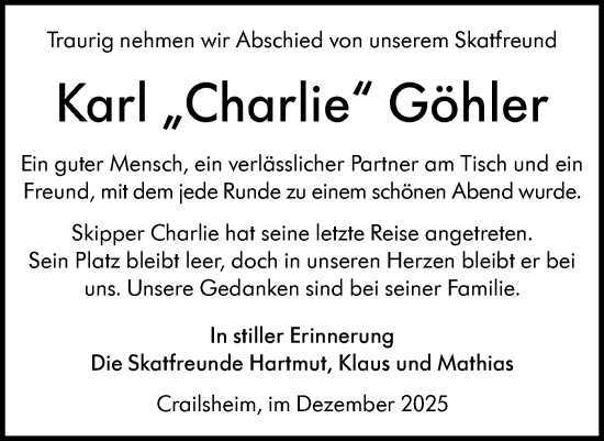 Traueranzeige von Karl Göhler von Hohenloher Tagblatt