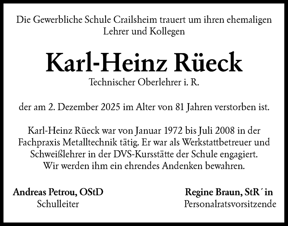  Traueranzeige für Karl-Heinz Rüeck vom 13.12.2025 aus Hohenloher Tagblatt