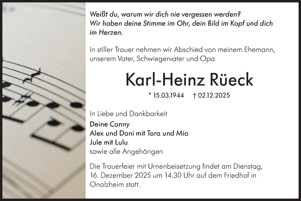 Traueranzeige für Karl-Heinz Rüeck vom 12.12.2025 aus Hohenloher Tagblatt