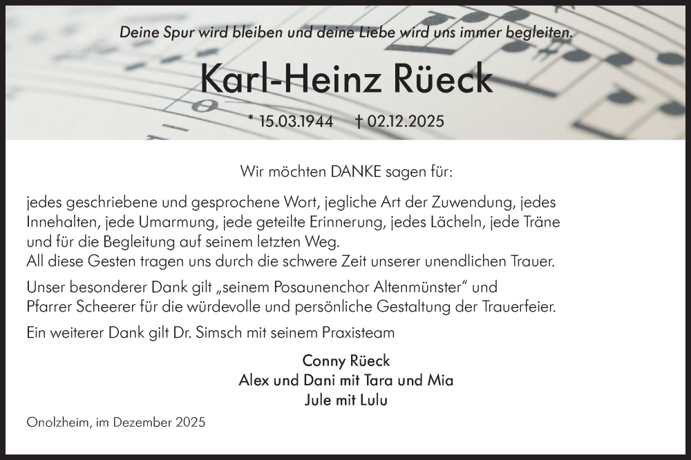  Traueranzeige für Karl-Heinz Rüeck vom 30.12.2025 aus Hohenloher Tagblatt