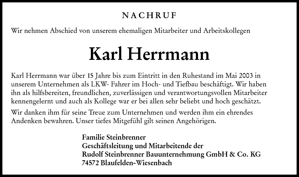  Traueranzeige für Karl Herrmann vom 19.12.2025 aus Hohenloher Tagblatt