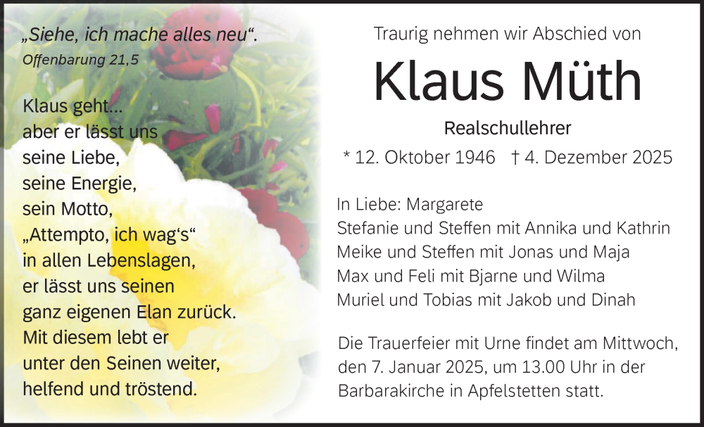 Traueranzeige für Klaus Müth vom 30.12.2025 aus Alb-Bote/Metzinger-Uracher Volksblatt