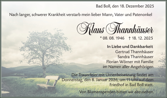 Traueranzeige von Klaus Thannhäuser von NWZ Neue Württembergische Zeitung