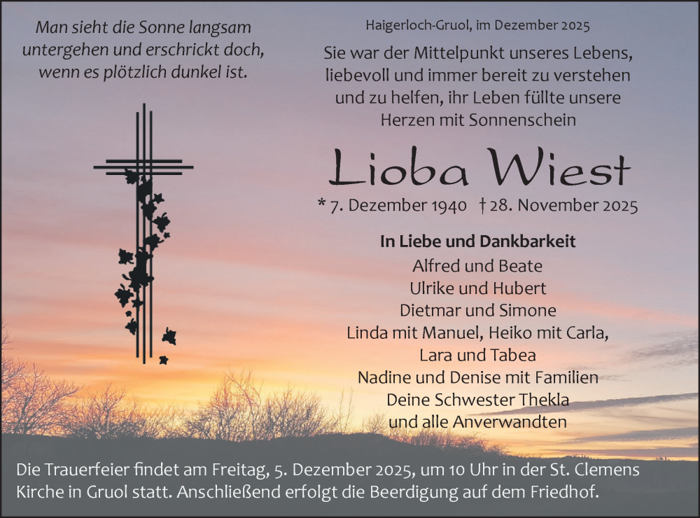  Traueranzeige für Lioba Wiest vom 03.12.2025 aus SÜDWEST PRESSE Zollernalbkreis/Hohenzollerische Zeitung