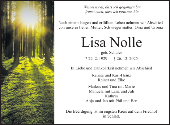 Traueranzeige von Lisa Nolle von SÜDWEST PRESSE Zollernalbkreis/Hohenzollerische Zeitung