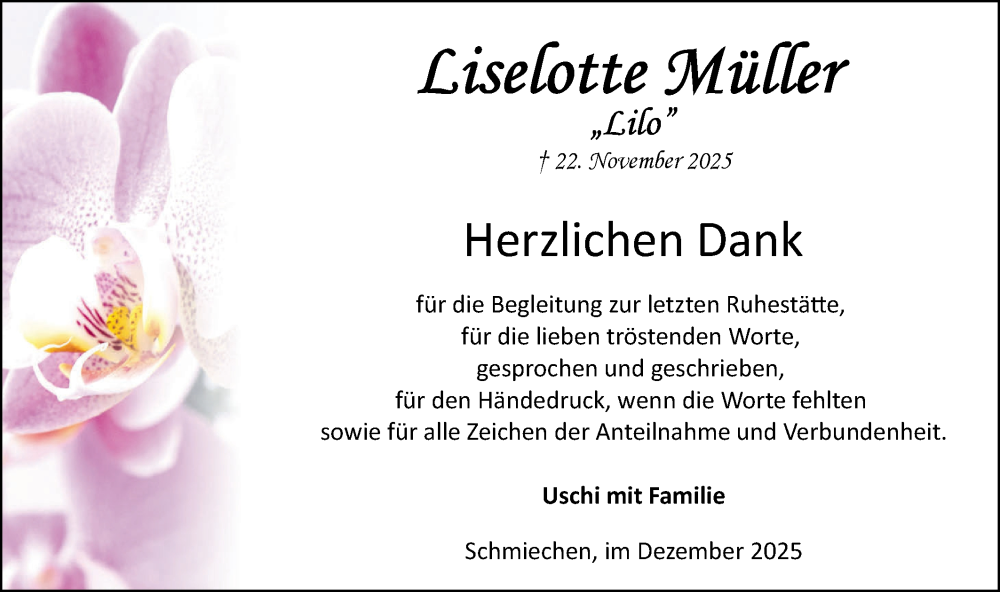  Traueranzeige für Liselotte Müller vom 30.12.2025 aus Ehinger Tagblatt
