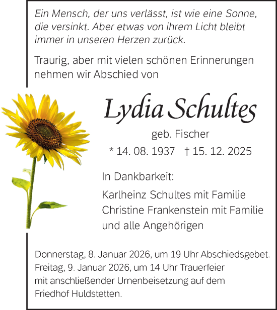 Traueranzeige von Lydia Schultes von Alb-Bote/Metzinger-Uracher Volksblatt