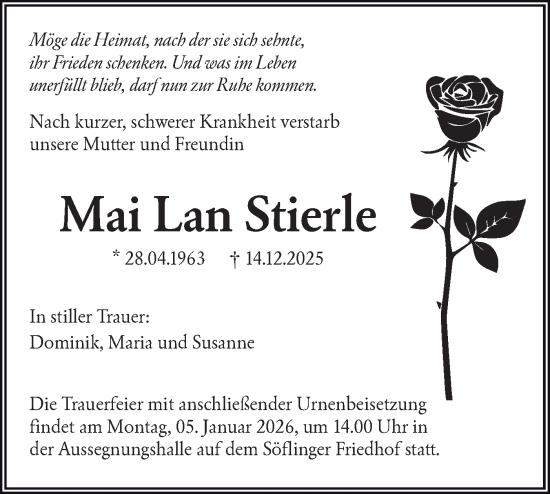 Traueranzeige von Mai Lan Stierle von SÜDWEST PRESSE Ausgabe Ulm/Neu-Ulm