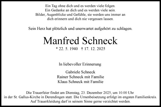 Traueranzeige von Manfred Schneck von Schwäbische Tagblatt