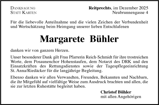 Traueranzeige von Margarete Bühler von NWZ Neue Württembergische Zeitung