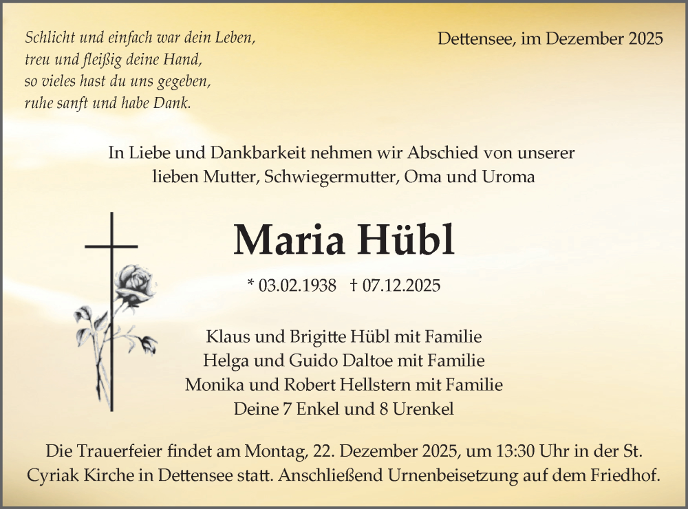  Traueranzeige für Maria Hübl vom 16.12.2025 aus Neckar-Chronik