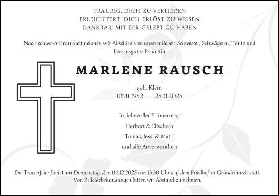 Traueranzeige von Marlene Rausch von Hohenloher Tagblatt