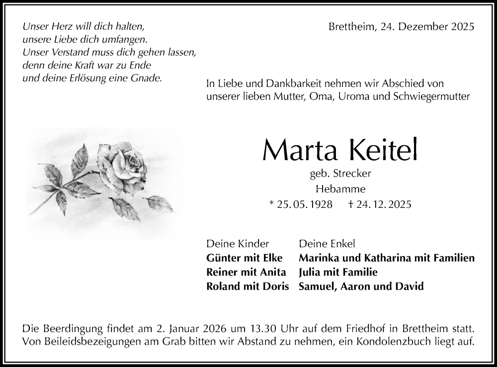  Traueranzeige für Marta Keitel vom 30.12.2025 aus Hohenloher Tagblatt