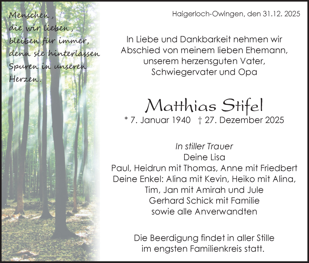  Traueranzeige für Matthias Stifel vom 31.12.2025 aus SÜDWEST PRESSE Zollernalbkreis/Hohenzollerische Zeitung