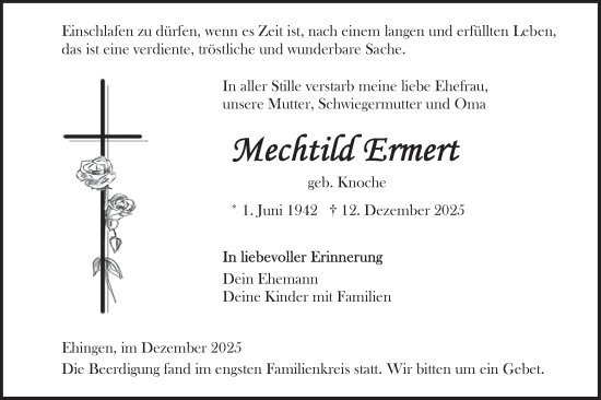 Traueranzeige von Mechtild Ermert von Ehinger Tagblatt
