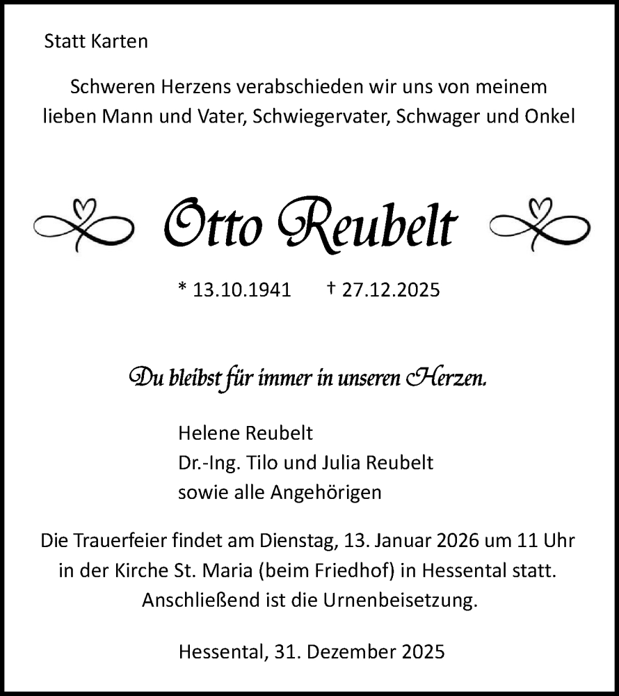  Traueranzeige für Otto Reubelt vom 31.12.2025 aus Haller Tagblatt