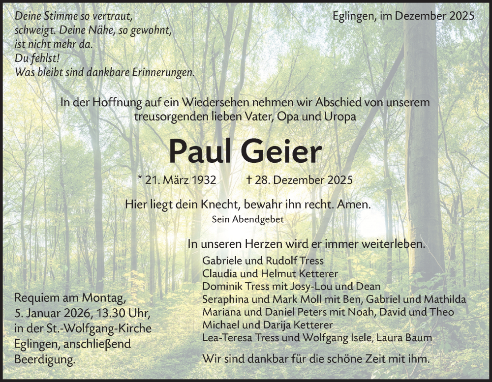  Traueranzeige für Paul Geier vom 31.12.2025 aus Alb-Bote/Metzinger-Uracher Volksblatt