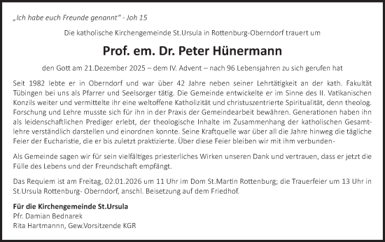 Traueranzeige von Peter Hünermann von Schwäbische Tagblatt