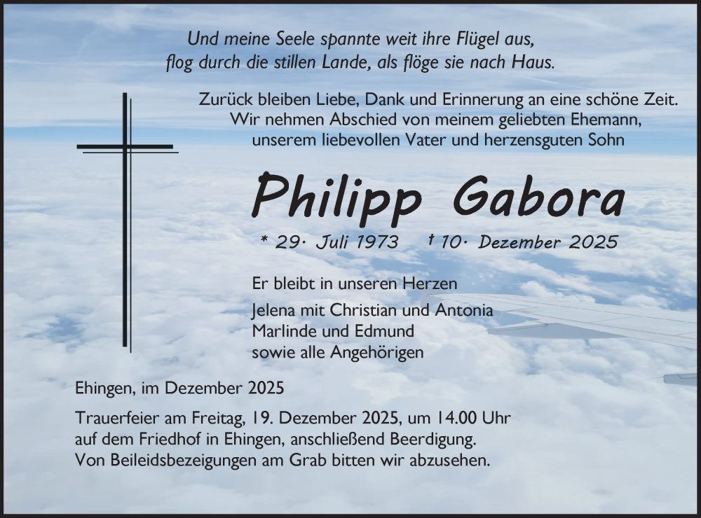  Traueranzeige für Philipp Gabora vom 17.12.2025 aus Ehinger Tagblatt