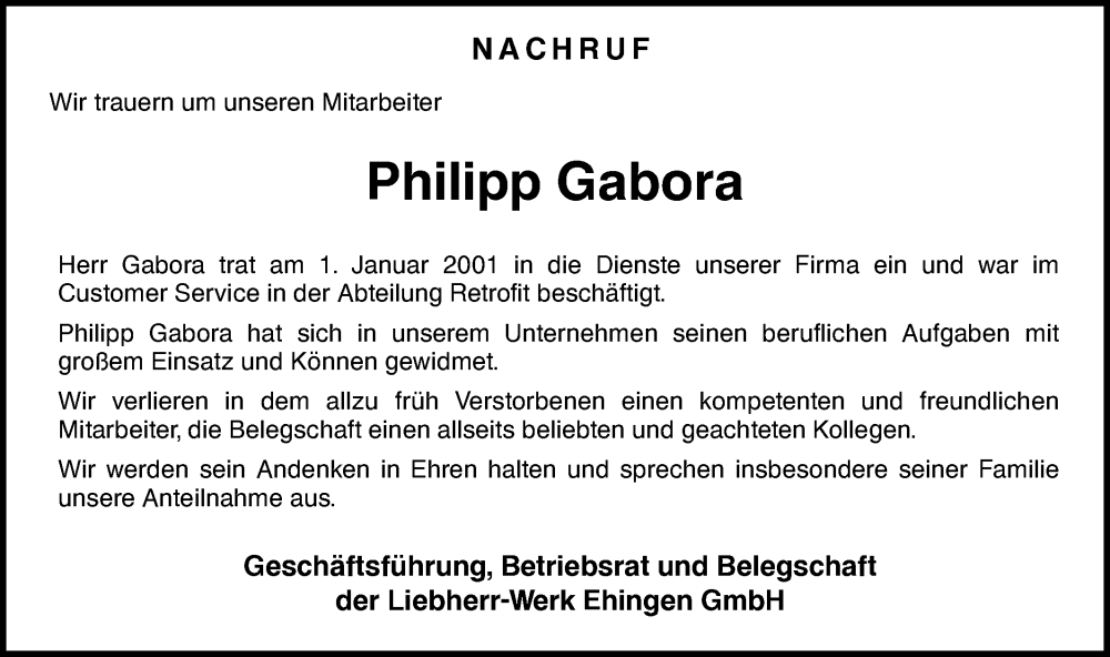  Traueranzeige für Philipp Gabora vom 17.12.2025 aus Ehinger Tagblatt